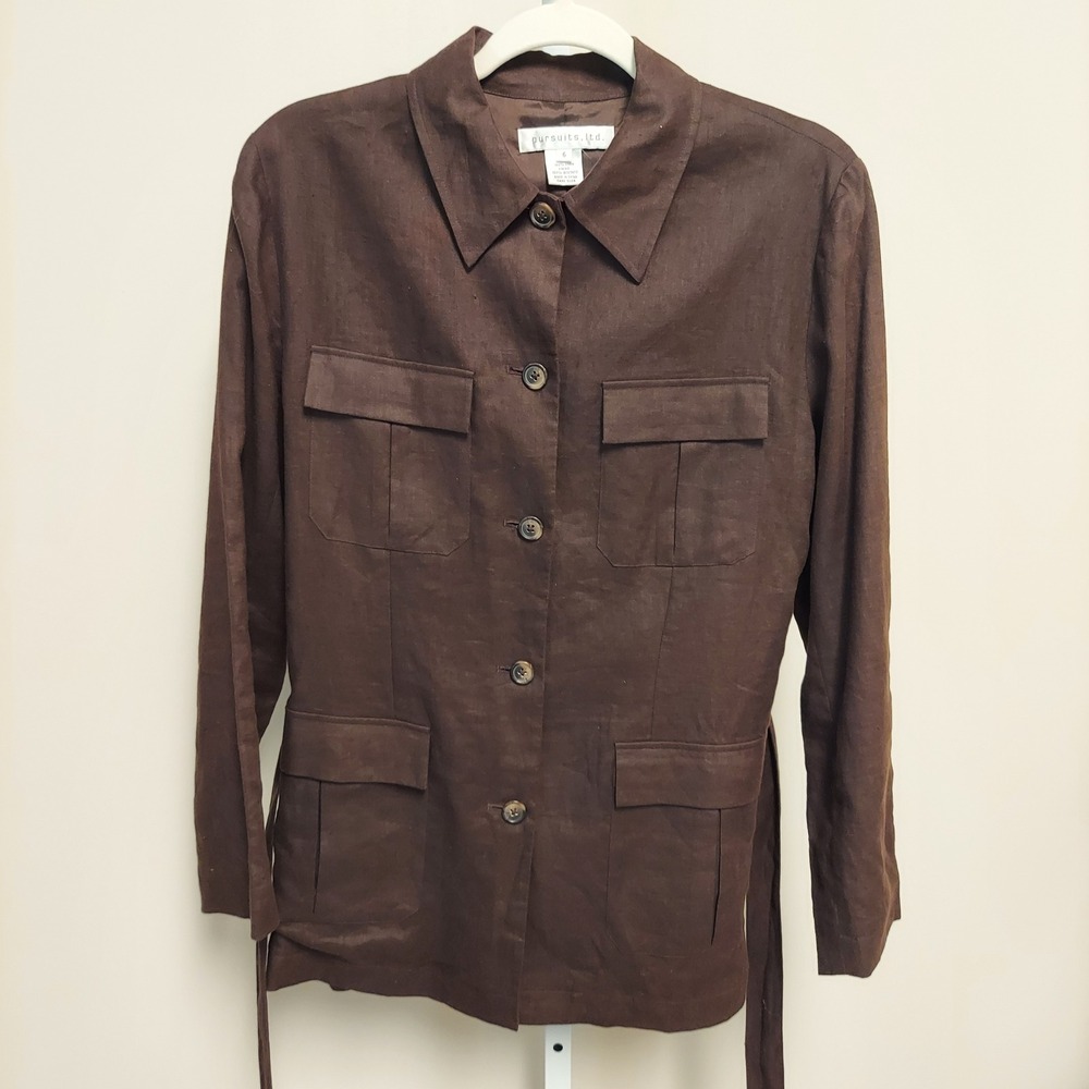 Vintage Womens Brown 100% Linen Safari Shirt Jacket Belted Utility 6 Minimalist - Picture 4 of 6